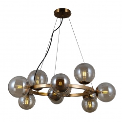 Montora lampa wisząca miodowa mosiężna z dymionymi szklanymi kulami na kole 64cm